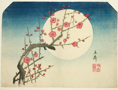 A Red Plum Branch against the Summer Moon by Utagawa Hiroshige, colour woodblock print (fan)